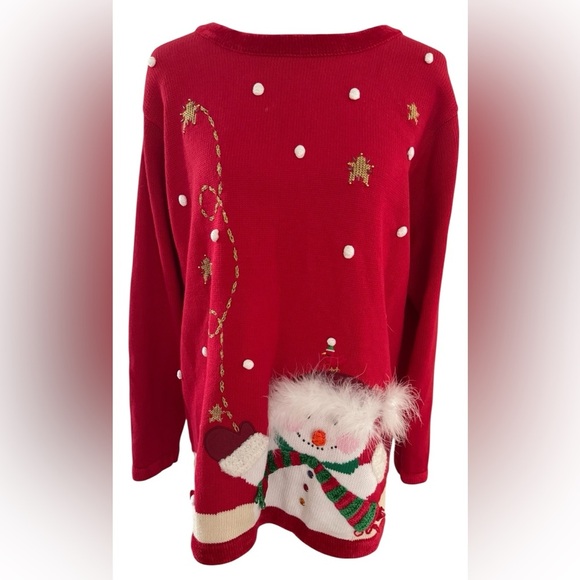 Quaker Factory Red Snowman Ugly Christmas Sweater Size Large - Picture 1 of 12